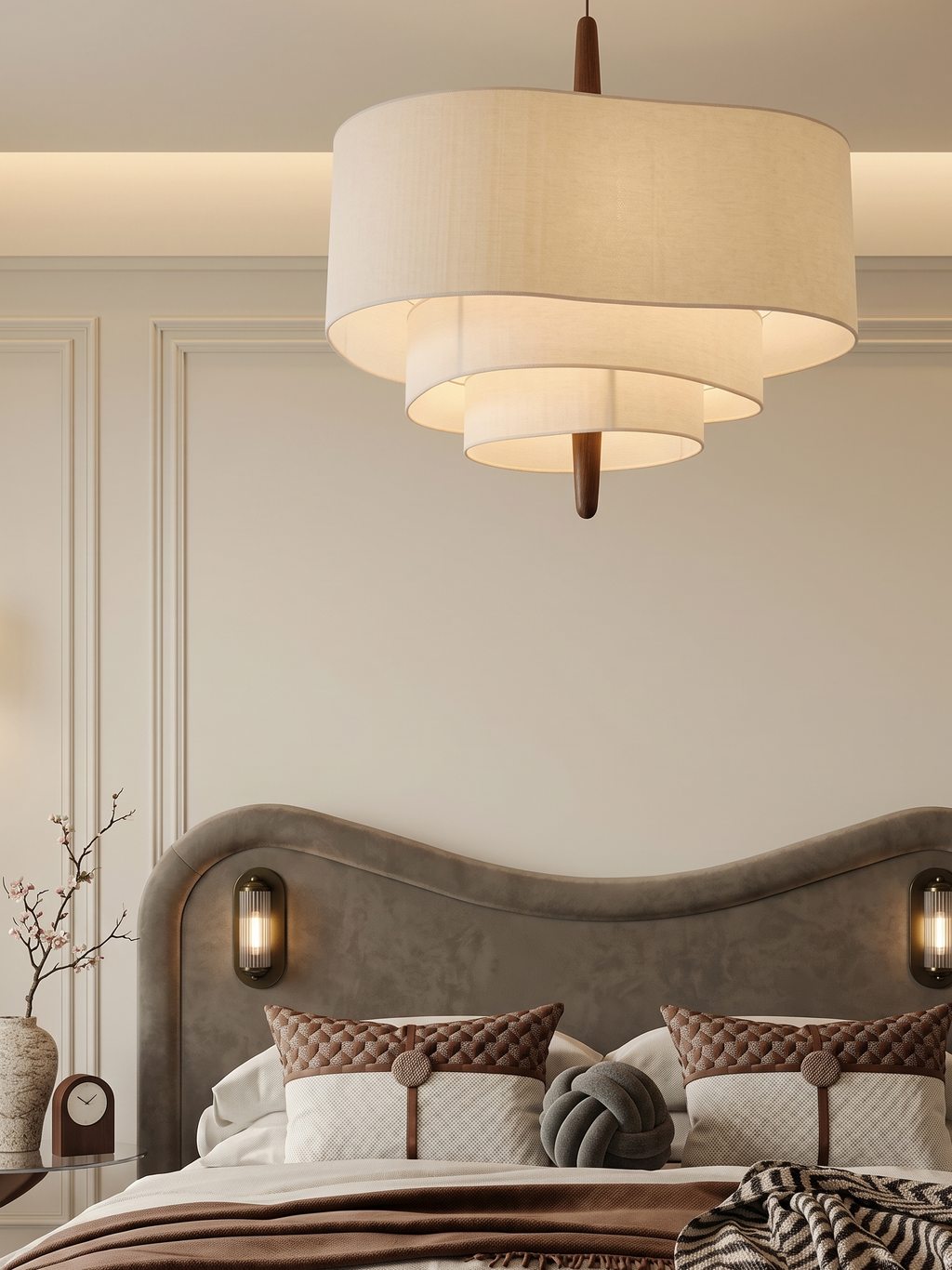 Luminaire Suspension bois avec abat-jour en tissu