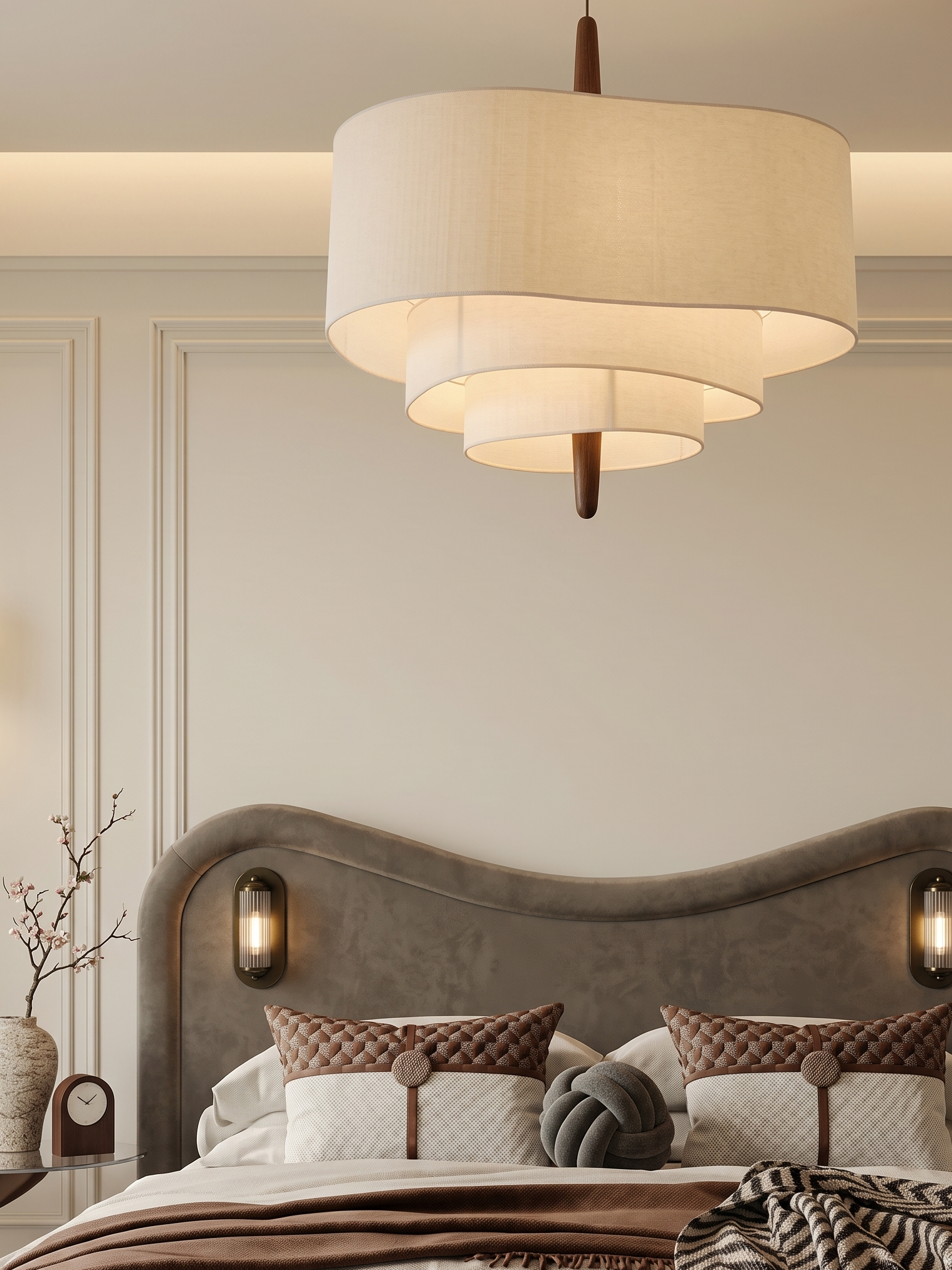 Luminaire Suspension bois avec abat-jour en tissu