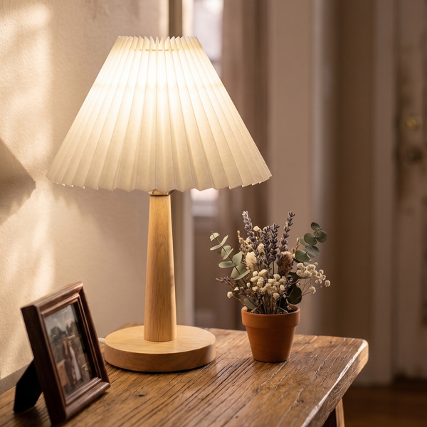 Lampe à poser avec abat-jour plissé blanc cassé et pied en bois clair, allumée sur une table en bois à côté d'un bouquet de fleurs séchées.