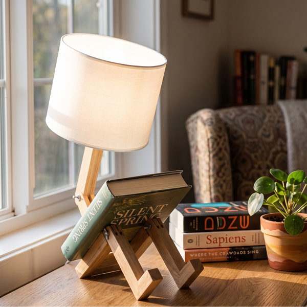 Lampe à poser en bois en forme de bonhomme assis et articulé, avec abat-jour en tissu blanc, tenant un livre sur une table près d'une fenêtre ensoleillée.