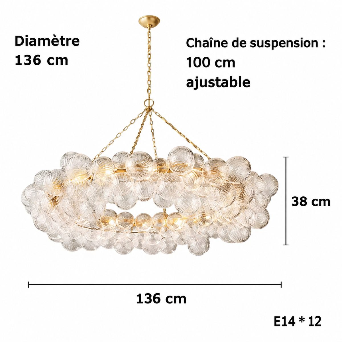 Suspension grappe de bulles à 12 douilles E14, ampoules incluses