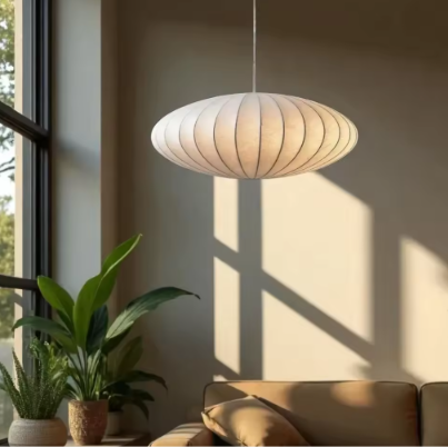 Suspension soucoupe en toile blanche à douille E27