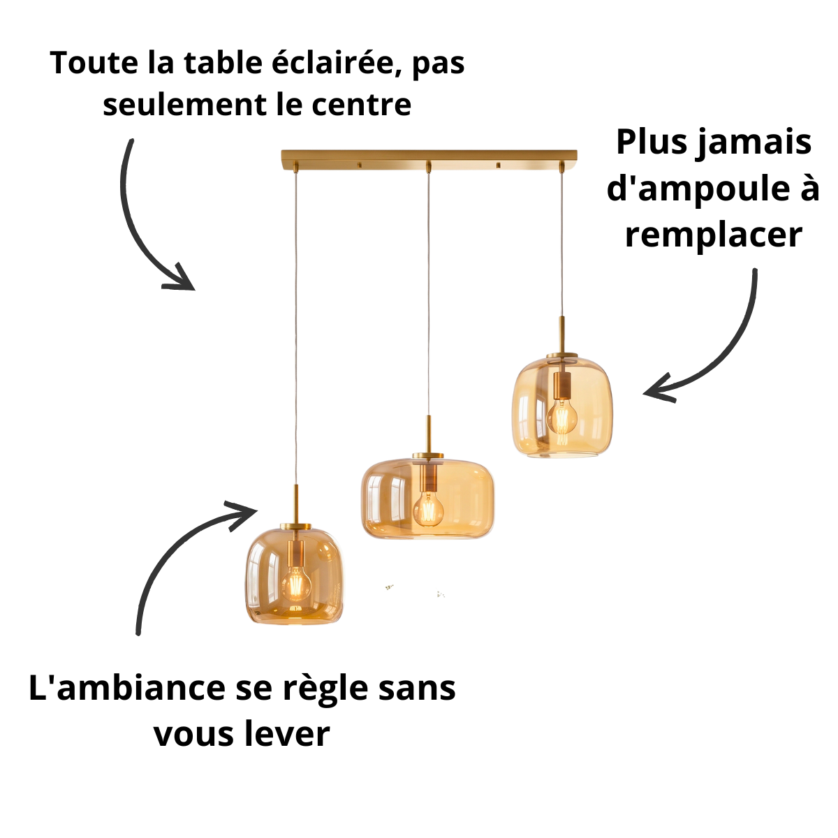 Suspension trio LED Ambra à trois globes en verre ambré ou gris fumé
