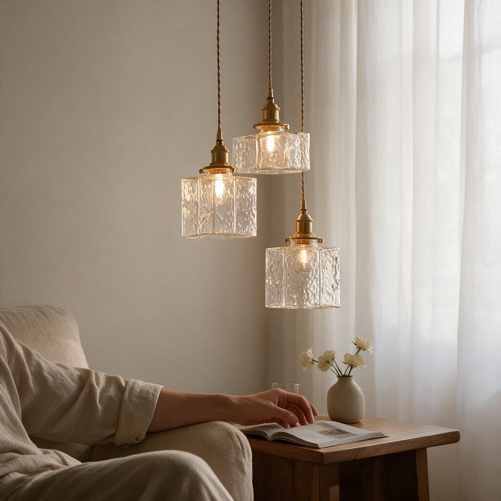 Suspension vintage en laiton et verre martelé, à suspendre seule ou en série